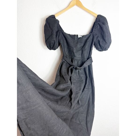 Reformation Tien Linen Midi Dress Size 2 Black Puff Sleeve Belted Cottagecore - Picture 10 of 13